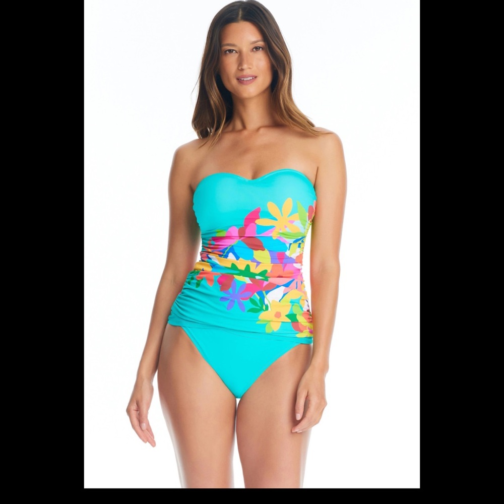BLEU BY ROD BEATTIE STRAPLESS BANDEAU TANKINI Turquoise Floral with  Bottoms